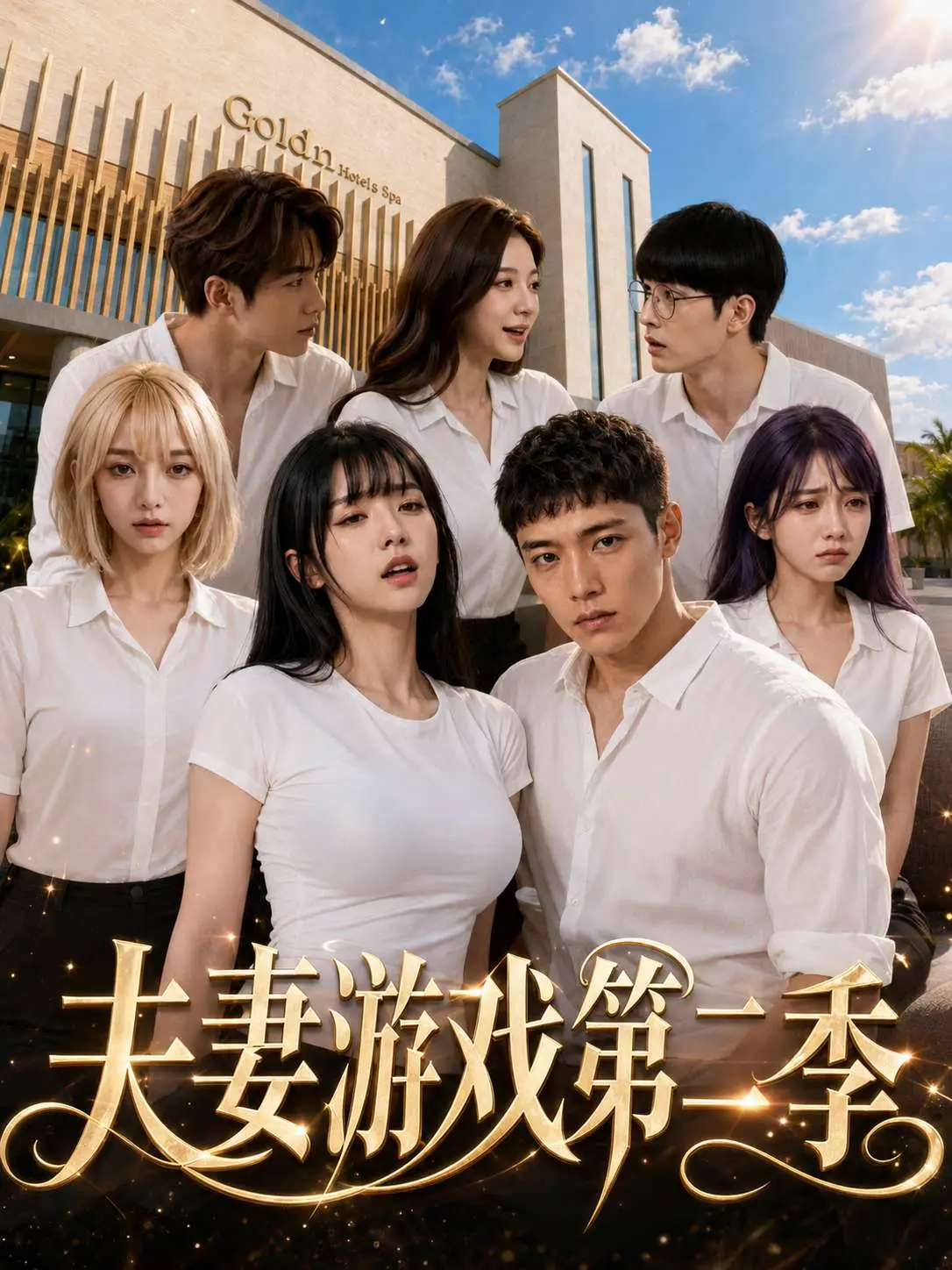 健身美母短剧海报，女性戴着兔耳发箍与男性近距离对坐